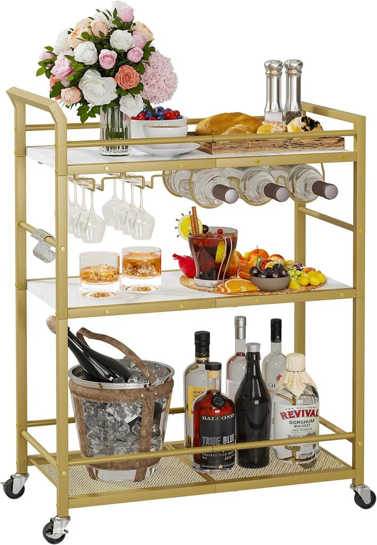 3 Tier Bar Cart Gold, Stylish Rolling Bar Cart, Gold Wine Cart with Wheels, Small Beverage cart, Metal Bar Carts Home, Liquor Cart with Glass Holders & Wine Rack for Kitchen Living Room GBC507G