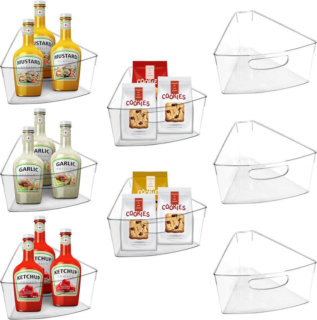 URALFA Lazy Susan Organizers Set of 8, 10"x 9.5"x 4" Corner Cabinet Organizer, Plastic Transparent Kitchen Cabinet Storage Bins with Handle, 4" Deep Container, 1/8 Wedge - Food Safe, BPA Free