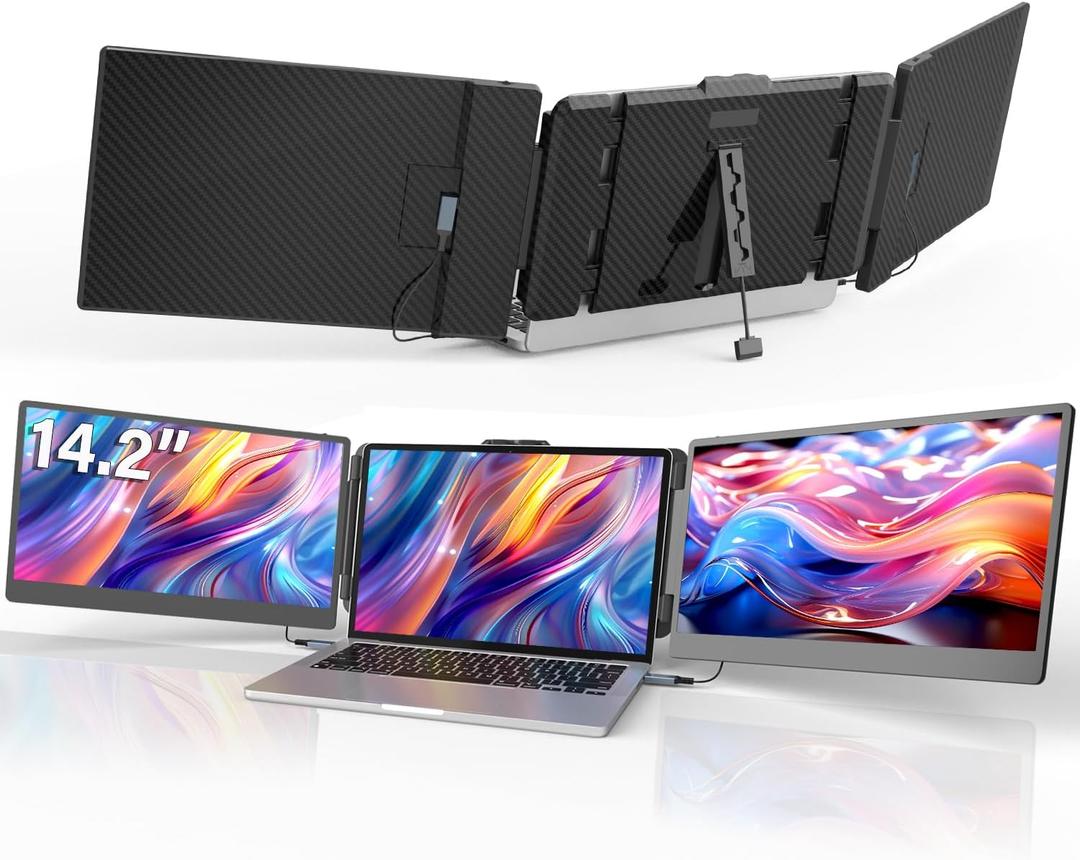 Laptop Screen Extender 14.2" 1080P FHD IPS, Portable Triple Monitor for 13-17" Laptops, Portable Screen for Laptop with Dual Speakers, Plug-Play with Type-C/HDMI/USB-A for Mac/Wins/Chrome