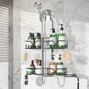 Stainless Steel Hanging Shower Caddy for Handheld Shower Heads,Adjustable Height Extra Long Bathroom Shower Organizer Hanger Rack with Hooks,Soap Holder (Black)