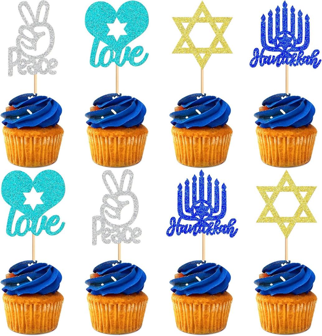 2 x 24 PCS Happy Hanukkah Cupcake Toppers Star of David Candlestick Cupcake Picks for Jewish Birthday Cake Decorations Supplies (Blue2)