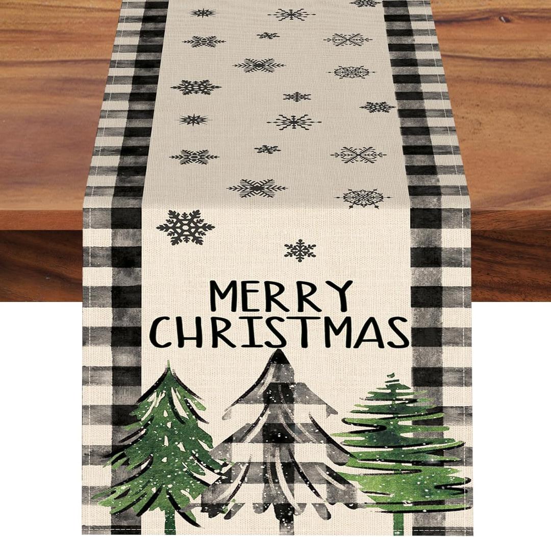 Merry Christmas Tree Dining Table Runner, Xmas Black White Buffalo Plaid Farmhouse Burlap Kitchen Decoration, Winter Holiday Snowflake Indoor Outdoor Home Decor Party Supply 13 x 72 Inches