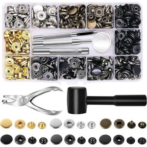 Alritz 120 Sets Leather Snap Fasteners Kit with Hammer Puncher, 12.5mm Metal Button Snaps Press Studs with 4 Setter Tools for Clothes, Jackets, Jeans Wears, Bracelets, Bags