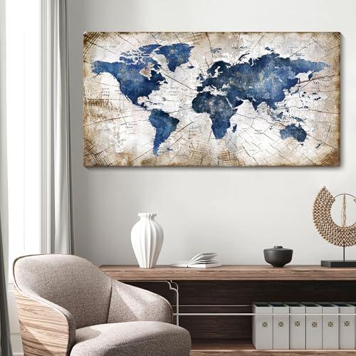 World Map Canvas Wall Art Abstract Navy World Maps for Wall Vintage Modern Wall Art for Office Framed Pictures for Living Room Bedroom Wall Decoration for Home Office Decor Artwork for Walls, 24x48IN