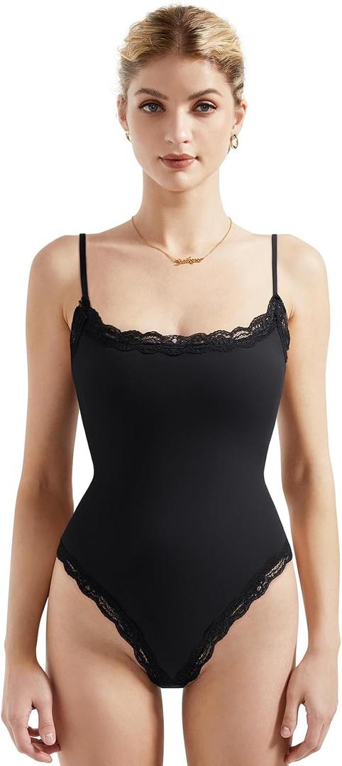 SUUKSESS Women Square Neck Lace Bodysuit Sleeveless Spaghetti Strap Tank Top (Black, XS)