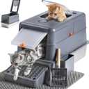 Stainless Steel Litter Box with Lid, Front Entry Top Exit Cat Litter Box, Extra Large High Sided Enclosed Metal Litter Box with Scoop, Pedal & Litter Mat, Grey