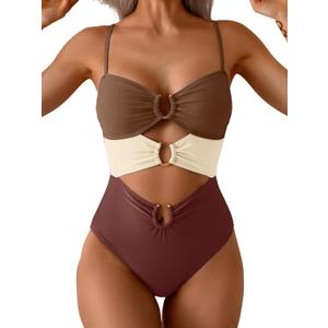 Eomenie Womens Cutout One Piece Swimsuit with Ring Linked Sexy Monokini Bathing Suit for Beach Vacation (Large, Dark Brown Color Block)