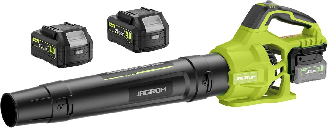 Leaf Blower Cordless with 2 x 4.0Ah Battery and Charger, 580CFM 160MPH Electric Blower with 2 Speeds, 20V Handheld Leaf Cleaner for Lawn Care, Blowing Leaves, Dust, Snow, Gravel for Patio, Yard, Green