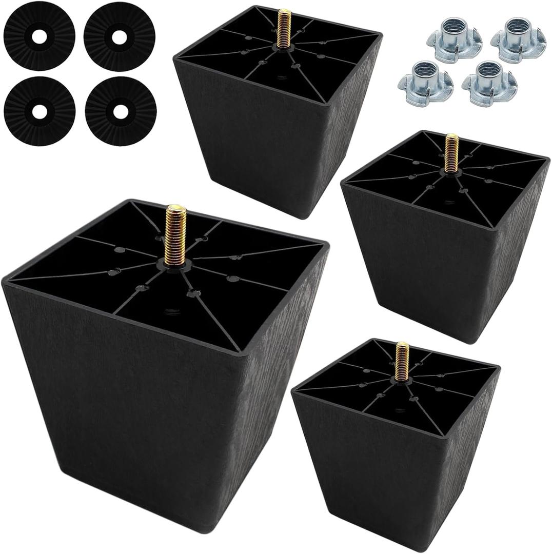 4Pcs 4 Inch Plastic Furniture Legs, Square Sofa Legs Black Couch Legs M8 Thread (Metric 8mm) Furniture Feet Cabinet Replacement Legs for Bed, Chair, Ottoman