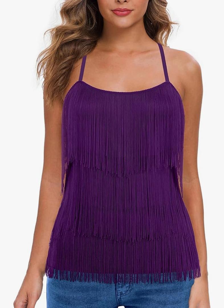 MANER Women’s Fringe Top Tassel Trim Cami Spaghetti Strap Tank Tops S