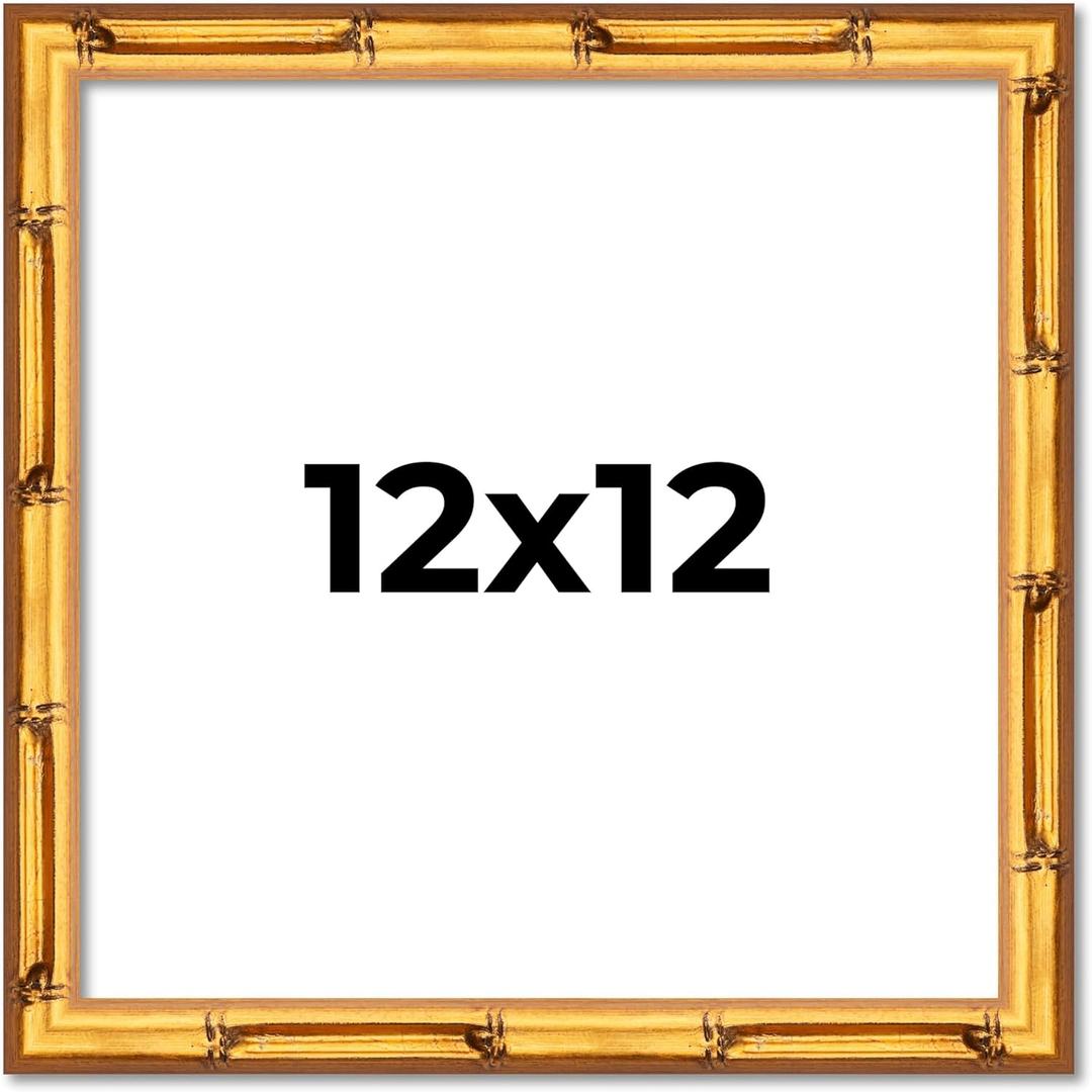 Poster Palooza 12x12 Frame Gold Bamboo Solid Wood Square Picture Frame with UV Acrylic, Foam Board Backing & Hanging Hardware Included