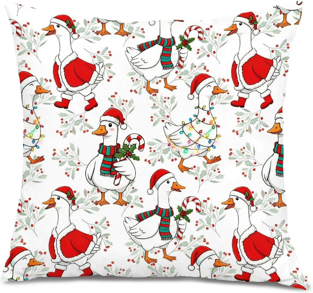 GDJIEGBC Winter Christmas Goose Pillow Covers 18x18, Goose Gifts, Funny Xmas Lights Santa Farm Animal Holly Decorative Throw Pillow Covers for Bedroom Living Room Home