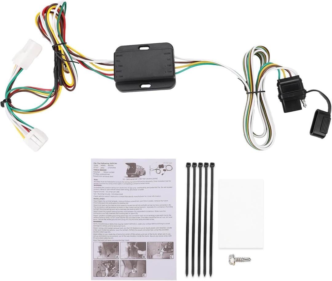 WATERWICH 4-Pin Trailer Wiring Harness Compatible with Jeep Cherokee1997-2001 Replacement for 55354 Trailer Hitch Wiring Harness for Trailer Lights Connect