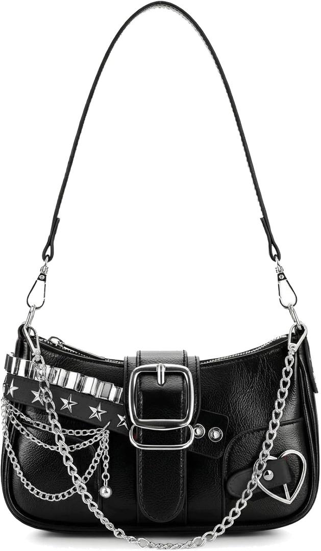 Cute Y2K Purse for Women, Y2k Star Embroidery Shoulder Bag, Mini Chain Hobo Handbag, Perfect for Daily Use, Parties & Travel (Black), 9" x 5.2" x 2.8"