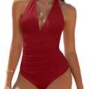 AI'MAGE Women's One Piece Swimsuit Tummy Control Halter Ruched Deep V Neck Bathing Suits (XX-Large, Red)