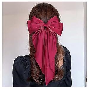 Crymystal Satin Hair Bows Long Red Bow Hair Clips Ribbon Hair Barrettes Clip Large Solid Color Bowknot Hairpin French Hair Barrette Lady Barrettes Ponytail Accessories Jewelry for Women (Red)