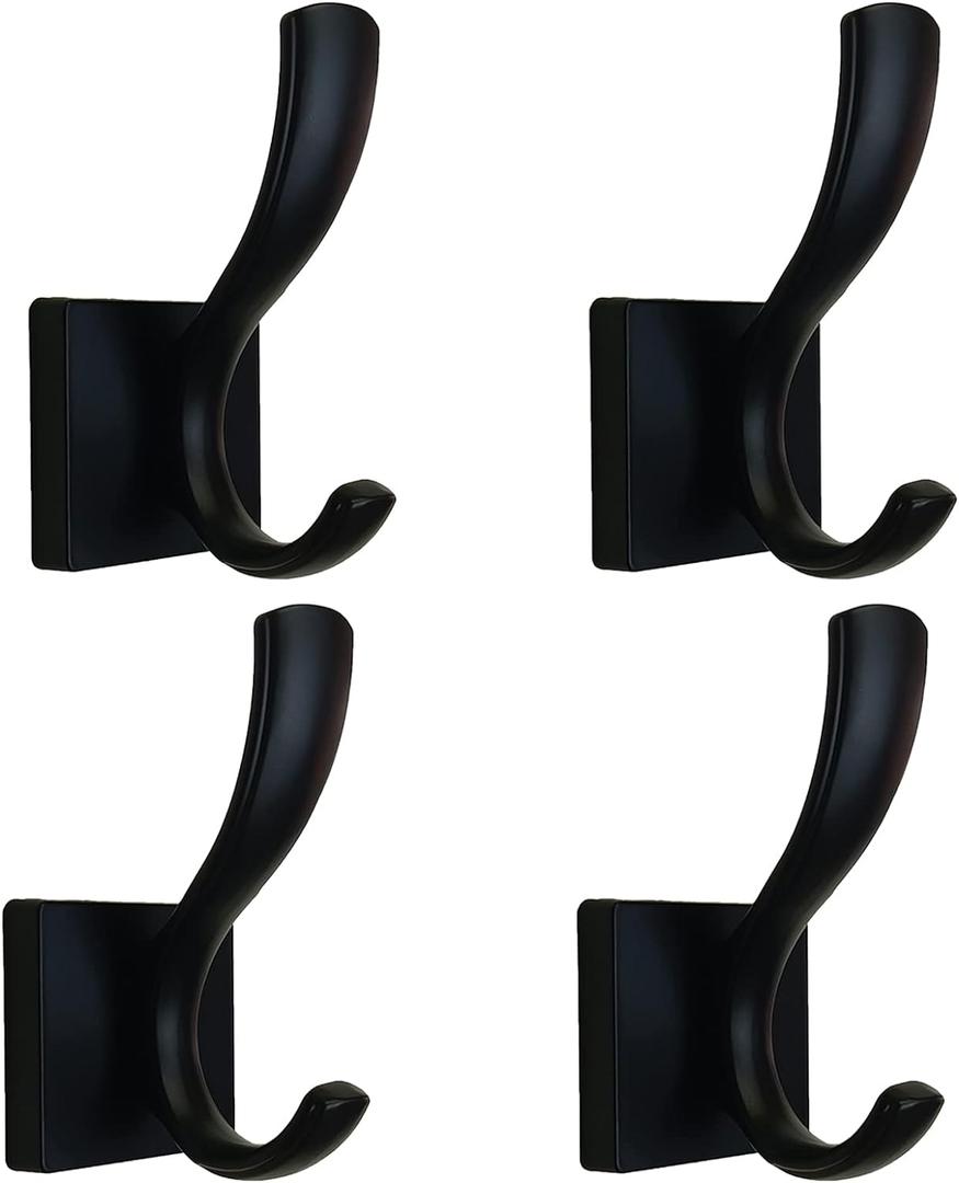 Black Towel Hooks,Double Towel Robe Clothes Coat Holder,Heavy Duty Wall Mount Hooks for Bath Bedroom Kitchen Pool Garage Hotel,4 Pack