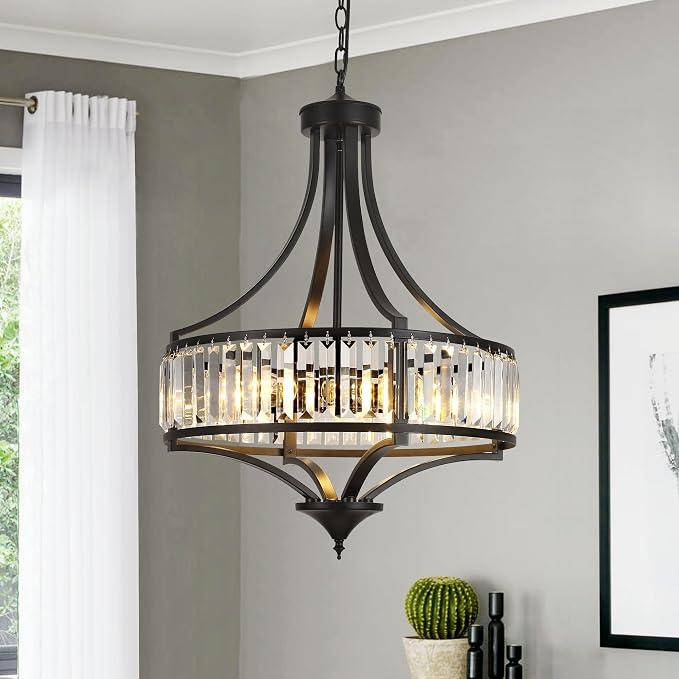 CNRATYE 5-Light Black Crystal Chandelier for Dining Room, Modern Farmhouse
Clear crystal strips and black metal suit dining rooms foyers and kitchen islands; 20" profile with 5 E26 sockets for dimming
