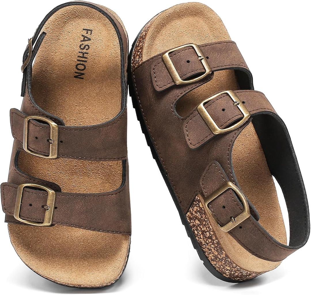 Kids Cork Footbed Sandals Boys Girls Toddler Adjustable Double Buckle Slides with Back Strap, Lightweight Summer Casual Shoes (Brown)
