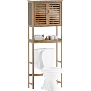 SMIBUY Bathroom Storage Shelf with Cabinet, Bamboo Over-The-Toilet Organizer Rack, Freestanding Toilet Space Saver with 3-Tier Adjustable Shelves (Walnut), 10.63"D x 25.4"W x 68.9"H