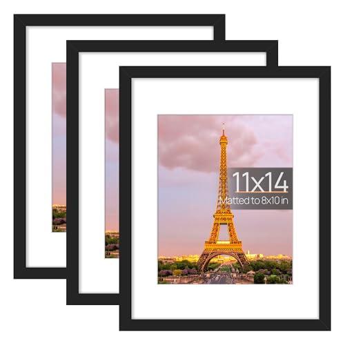 upsimples 11x14 Picture Frame Set of 3, Made of High Definition Glass for 8x10 with Mat or 11x14 Without Mat, Wall and Tabletop Display Photo Frames, Black