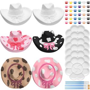 Affrolling 6 Set Cowboy Hat Ceramics to Paint Ready to Paint Your Own Ceramic Cowgirl Hat DIY Unpainted Plaster Paintable Kit Craft with Brush Palette for Adult Western Table Centerpieces Decorations