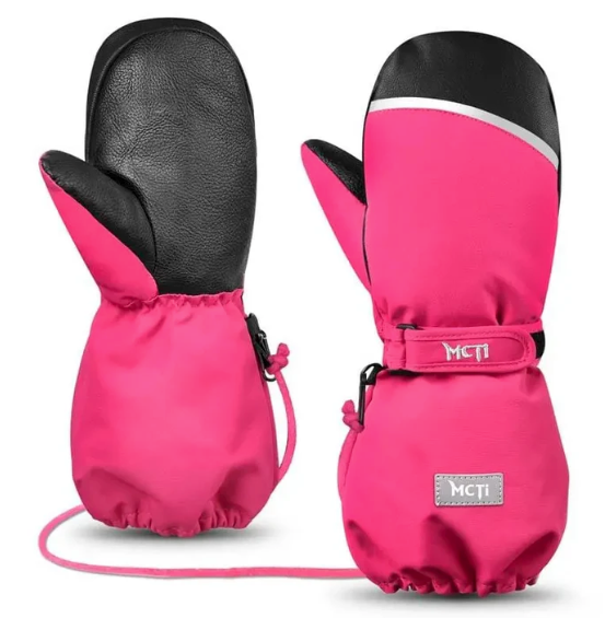 MCTi Kids Mittens Waterproof Winter Ski Warm Sherpa Lined Long Cuff with String (Pink, XS)