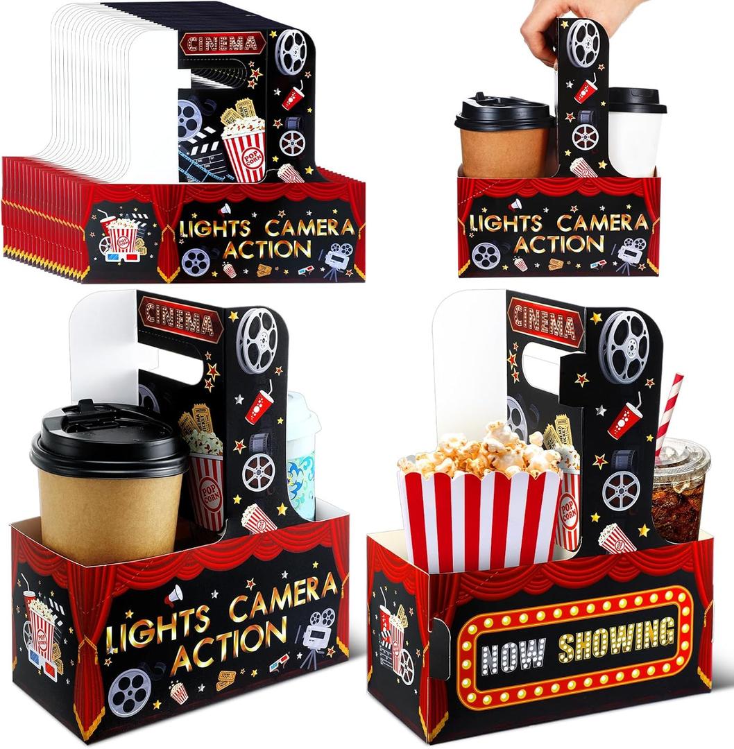 20 Pieces Movie Night Snack Trays with Handles Movie Night Party Supplies Kraft Snack Trays Food Drink Carrier Nacho Popcorn Food Drink Holder for Theater Birthday Party Favors