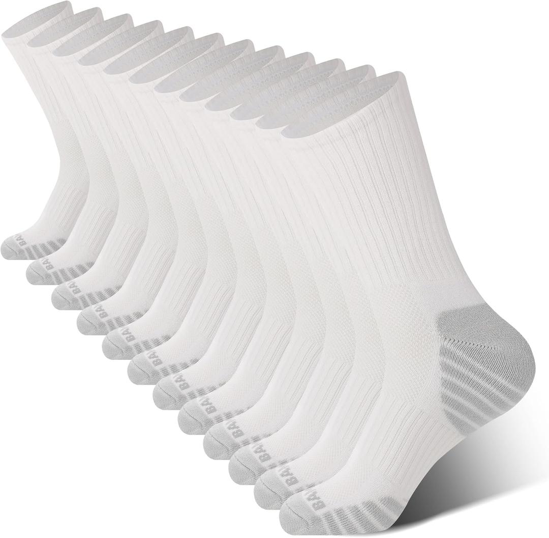 BAMBOO COOL Men's Crew Socks Athletic Running Sports Socks, Cushioned Moisture Wicking, Breathable Arch Support 6 Pack (White, L)