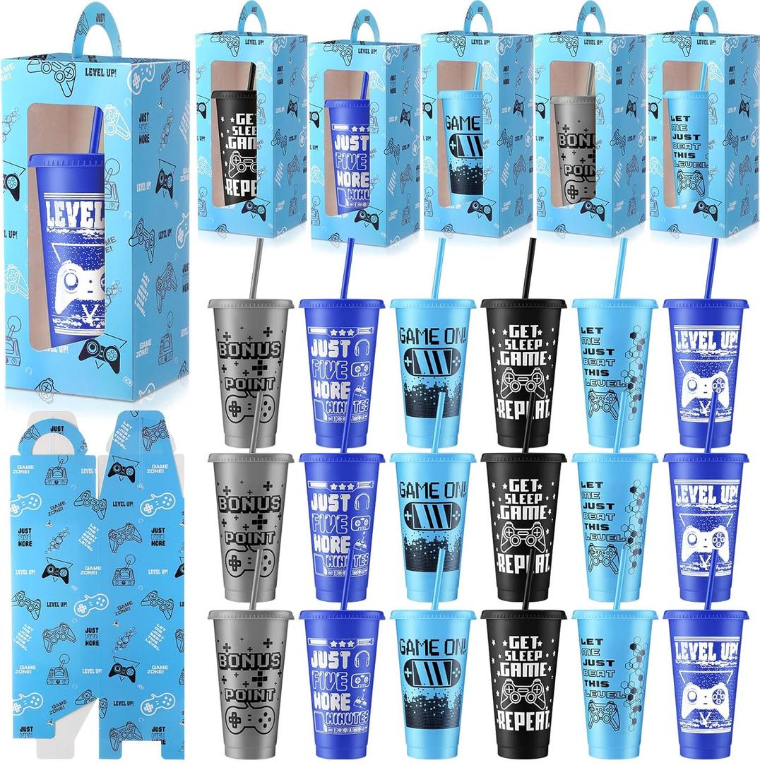 Mifoci 24 Sets Video Game Party Favors 24 oz Gamer Cup with Lids and Straws Gaming Paper Gift Boxes Plastic Reusable Gamer Tumbler for Game Birthday Party Supplies Gifts (Blue, Gray, Sky Blue, Black)