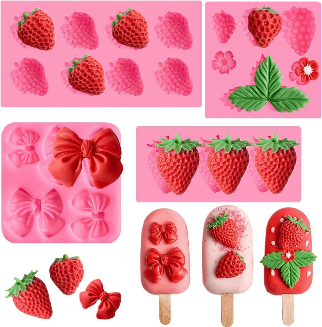 JOERSH 4PCS Strawberry Fondant Molds, Bow Fondant Silicone Molds, Fruit Baking Mold for Cake Decorating, Cupcake Topper, Chocolate, Candy, Candle, Clay