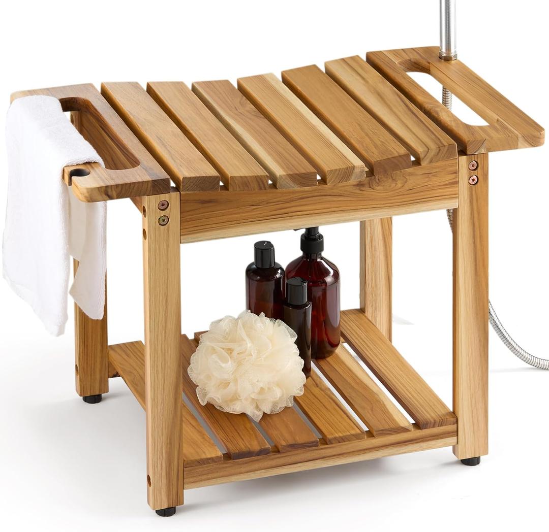 Teak Shower Bench Seat with Storage Shelf, Wood Shower Benches for Inside Shower to Sit on, Teak Shower Stool & Spa for Elderly with Shower Head Holder & Built in Handle for Bathroom/Outdoor (12.6''D x 23.3''W x 17.3''H)
