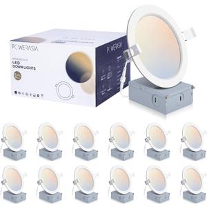 12 Pack 6 Inch Ultra-Thin LED Recessed Ceiling Light with Junction Box, 5CCT Dimmable 2700K/3000K/4000K/5000K/6000K,15W 1200lm Can Killer Downlight-ETL and Energy Star Certified