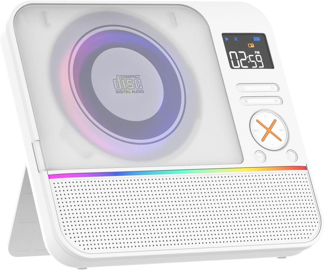 CD Player Portable, MONODEAL HiFi Stereo Portable CD Player with Bluetooth, Desktop Player Bluetooth for Home with Remote Control, RGB Light, Supports USB/AUX/Sleep Timer(White)