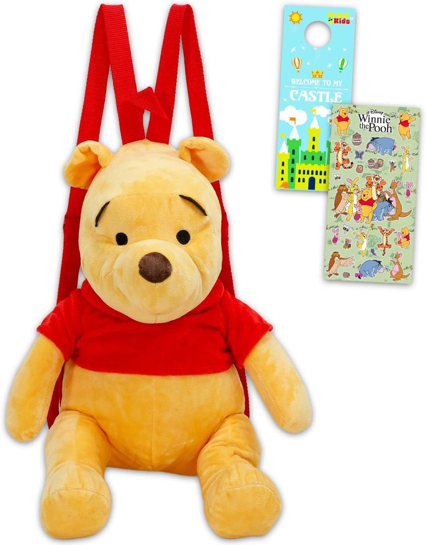 Winnie The Pooh Plushie Backpack Set - Bundle with 16" Disney Plush Doll with Carrying Straps Plus Stickers, More | Pooh Bear Plush Bag