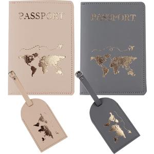 Mr and mrs passport covers and luggage tags gift,Slim Waterproof Passport Case,couple passport holderort Wallets Travel Holder Set,Honeymoon Gift,Couple Travel Luggage Tags,Wedding Bridal (Gray and Khaki-map)