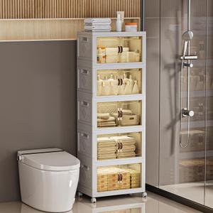 332 QT / 83 Gal White Storage Bins with 1 Lid - Collapsible Stackable Cabinet Organizer w/Wheels & Magnetic Doors, Plastic Storage Box for Office Closet Organization