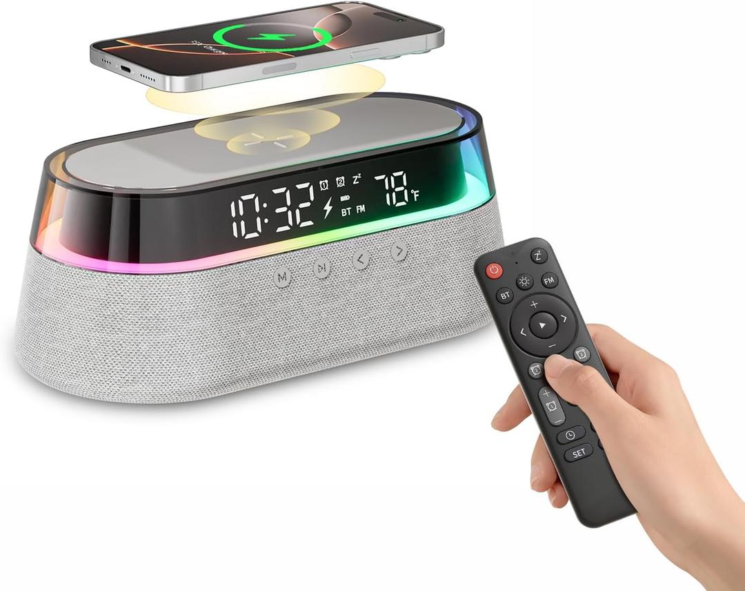 6-in-1 Bluetooth Speaker Alarm Clock with Remote, 15W Fast Wireless Charger, FM Radio & Dimmable LED Night Light, Dual Digital Clock for Bedroom Home Office, Ideal for Him, Men Women