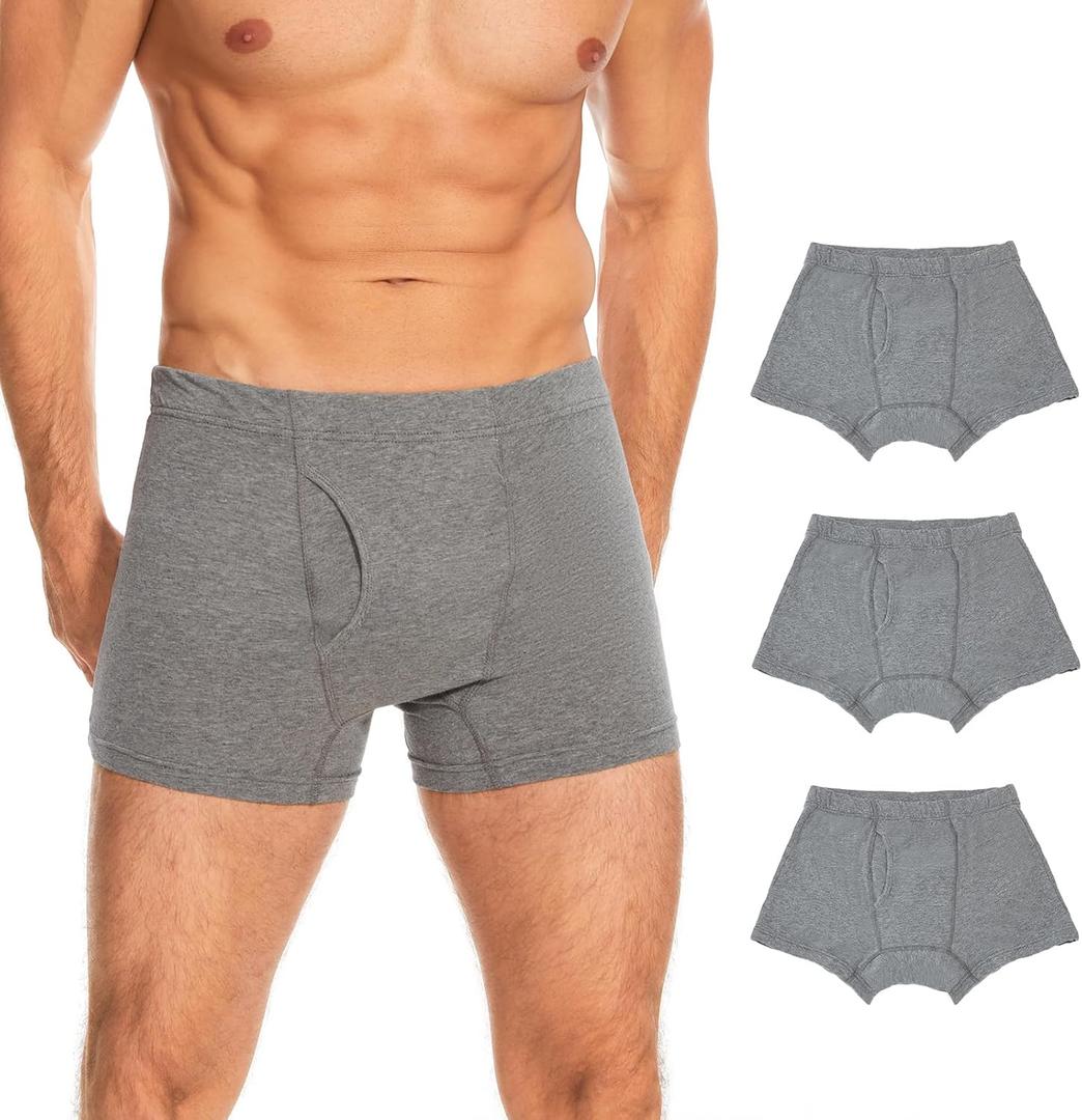 Washable Incontinence Underwear for Men - Cotton Urinary Leakproof Boxer Briefs with Fly, Enhanced Front & Rear Protection 120 ml Absorbency (3 Pack, M, Gray)