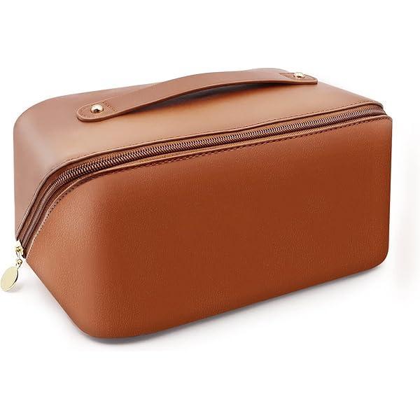 3 x Personalized Travel Makeup Bag, Customized Large Capacity Cosmetic Bag with Printed Name Initials, PU Leather Toiletry Bag for Women, Wide Open Portable Pouch with Divider and Handle, Mothers Day Gift