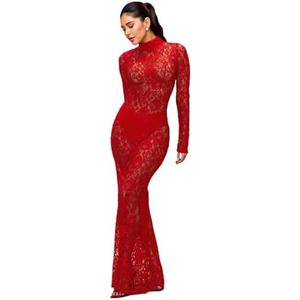 ZGMYC Women's Elegant Floral Lace Maxi Dress Sexy See Through Long Sleeve Evening Dress Party Cocktail Dress Beach Cover Ups,Color: Red Mock Neck, M