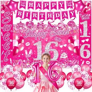Sweet 16 Birthday Decorations for Girls Pink 16th Birthday Banner Hanging Swirls Sweet 16 Porch Banner Happy Birthday Backdrop Balloons Sash for Hot Pink Sweet Sixteen Birthday Party Supplies