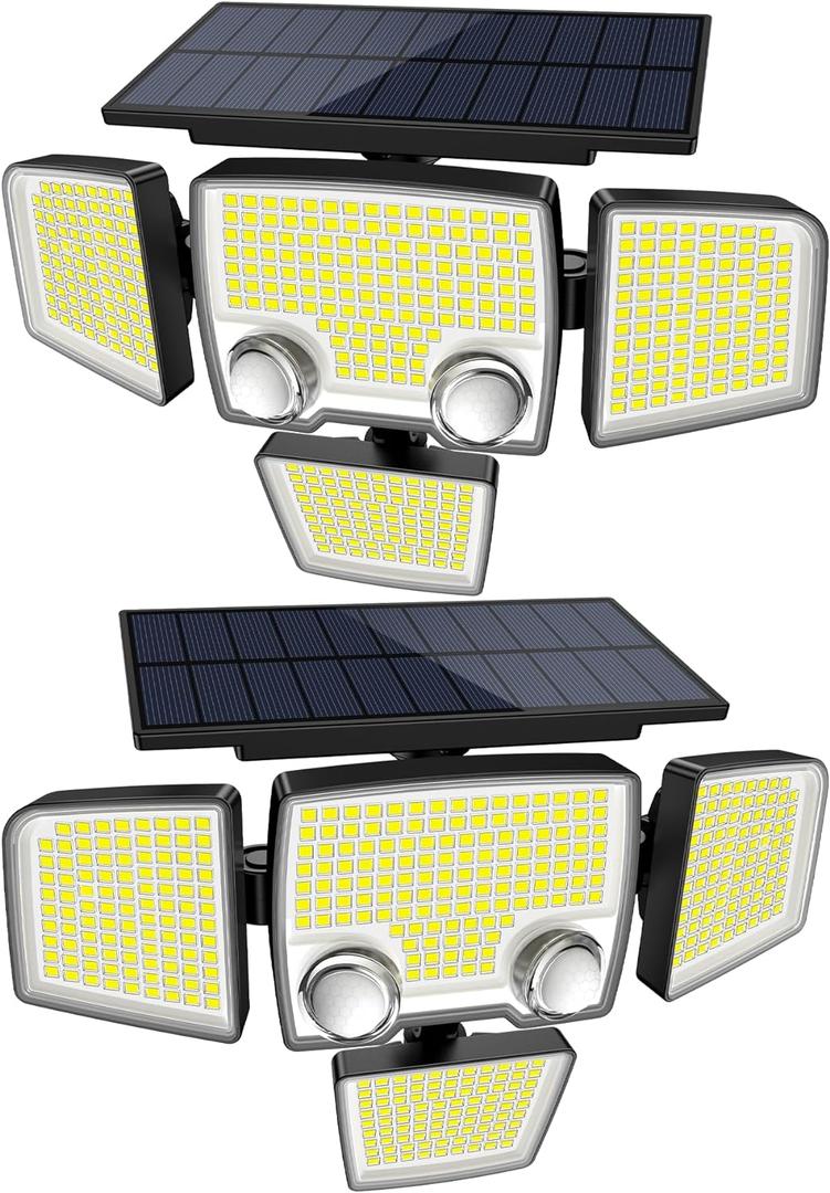 Tuffenough Solar Outdoor Lights with Motion Sensor - 2500LM Bright 4 Heads LED Security Flood Light with 2 Sensors - 3 Modes Solar Powered Detected Wall Lamp Fixtures Waterproof for Outside Yard