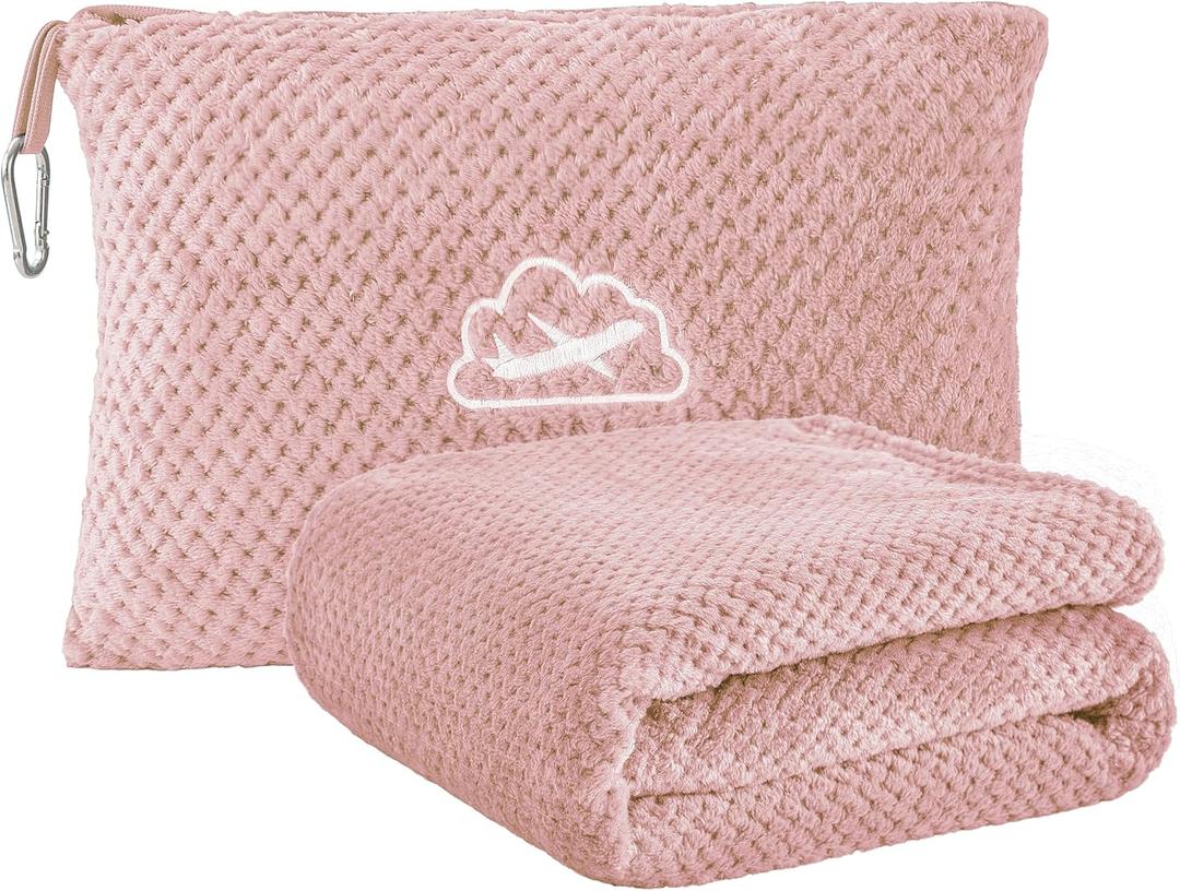 BEDELITE Travel Blanket and Pillow Set 2-in-1, Ultra-Soft Jacquard Fleece Blanket with Bag, Airplane Blanket with Luggage Sleeve & Backpack Clip Travel Essentials, Pink (40"x65")