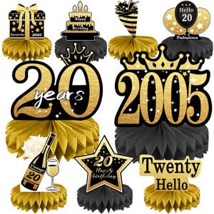 20th Birthday Decorations Set, 2005 Table Toppers for Her Him Birthday Party Supplies, Happy 20 Year Old Table Decoration for Daughter Son, 9Pcs Black & Gold Honeycomb Centerpieces