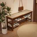 Bamboo Shoe Rack Bench with Rattan Seat, 3-Tier Shoe Storage Bench, Entryway Bench for Hallway,Walnut 39.4 inches