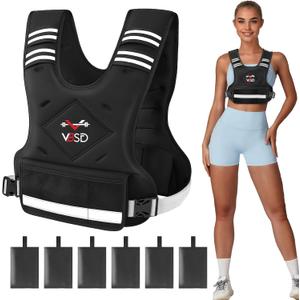 VBSD Adjustable Weighted Vest for Women Men 4-10lb/11-20lb/20-32lb Vest with 6 Ironsand Weights Body Weight Vest with Reflective Strip for Running Walking Strength Training Workouts (Black)