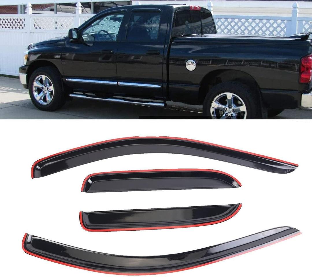 DYRDINSHOW 4PCS Tape-On Window Deflectors Sun Rain Guards for 2002-2008 Dodge Ram 1500, 2003-2009 Ram 2500 & 3500 with Crew/Extended Cab