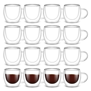 Gerrii 15 Pcs Double Walled Espresso Cups Insulated Clear Tea Cups with Handle Glass Coffee Mug for Cappuccino Latte Beer Tea Bag Beverage (2.5 oz)