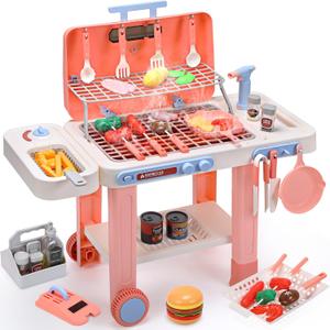 CUTE STONE BBQ Grill Toys for Kids with Color Changing Food, Cool Mist Spray, Sizzling Sound & Lights - Pretend Play Cooking Outdoor Grill Set with Frying Pan, on Wheels for Easy Move (Pink)